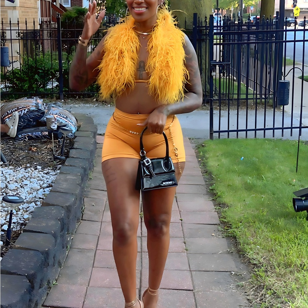 Yellow/gold Feather bralette and Shorts Set